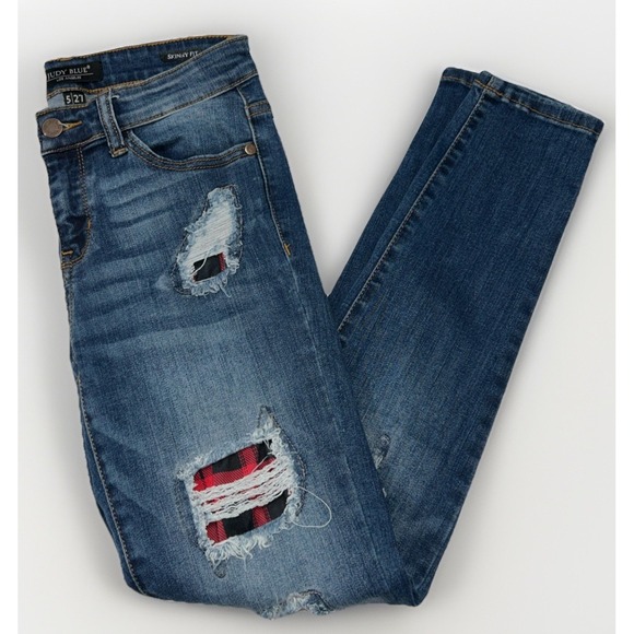 Women's Judy Blue Skinny Fit Jeans Stretch Buffalo Plaid Patchwork Sz 27 JB8268 - Picture 10 of 11